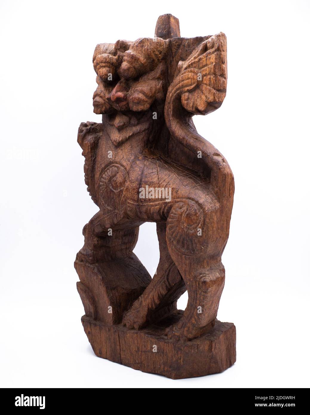 Large Antique Indian Wood Carving of Hindu Mythical Lion Yali. 18th – 19th century Stock Photo