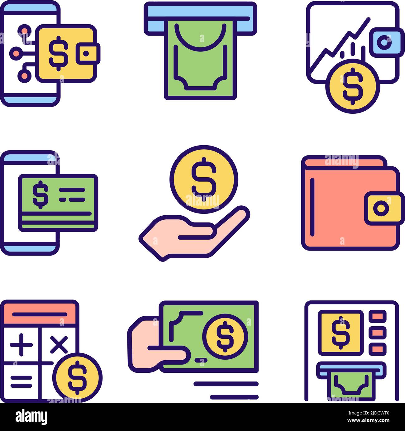 Financial management pixel perfect RGB color icons set Stock Vector ...