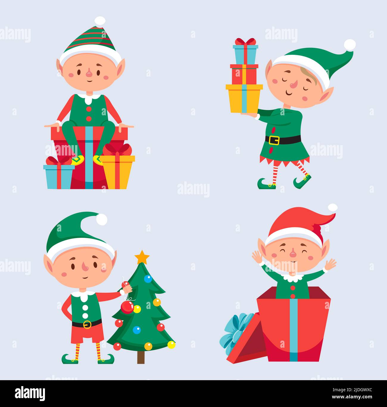 Christmas elf character with tree and gift box Stock Vector