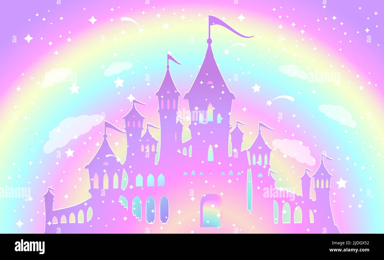 Magic princess palace and rainbow sky. Stock Vector