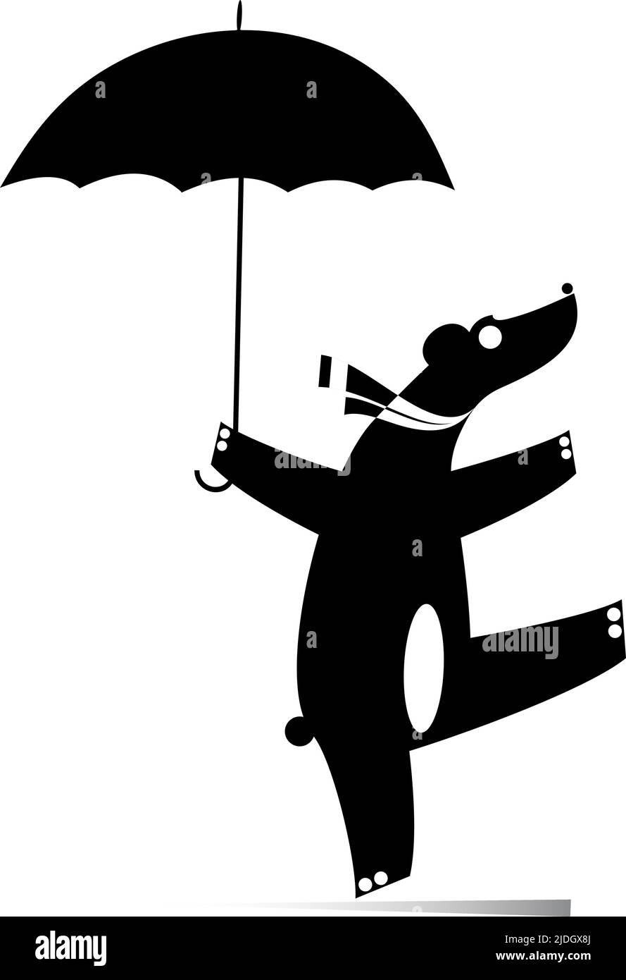 Funny bear with an umbrella illustration.  Rain, funny bear with umbrella. Black and white Stock Vector