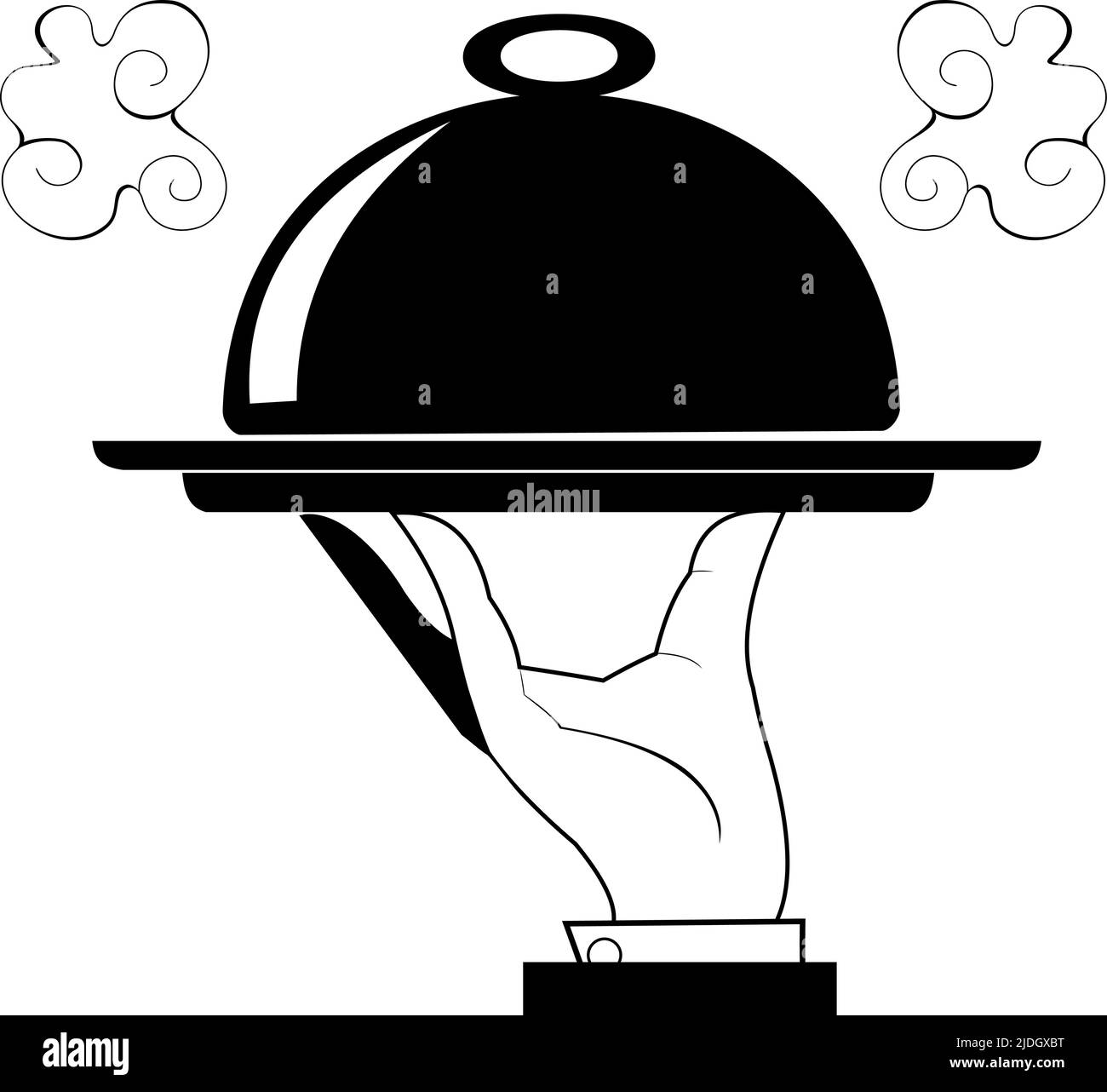 Waiter hand holding cloche serving plate. Hand of the waiter holding
