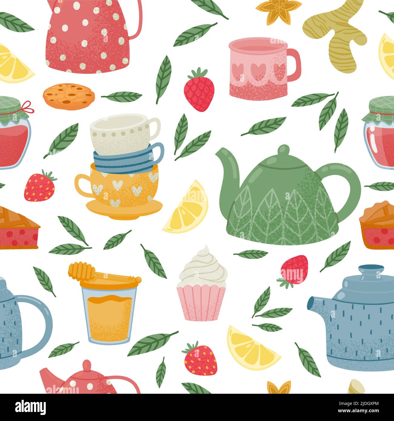 Decorative tea time seamless pattern with teapot and cup Stock Vector