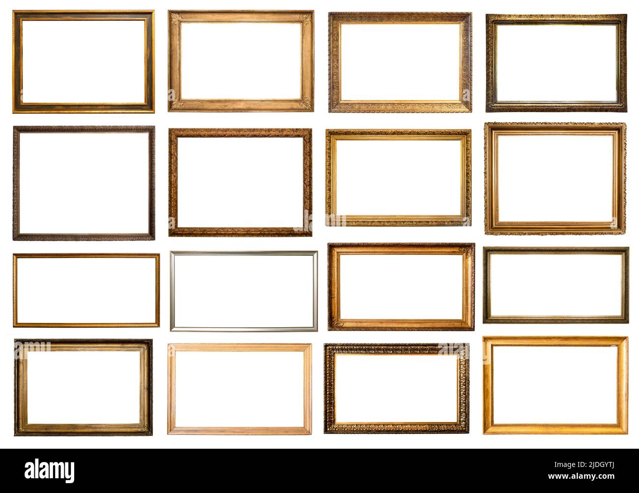 set of various blank horizontal old narrow picture frames cutout on