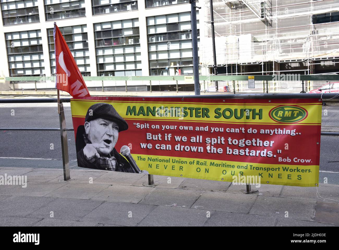Manchester, UK, 21st June, 2022.  Strike banner outside Piccadilly Railway Station, Manchester, UK, as national rail strike starts. Credit: Terry Waller/Alamy Live News Stock Photo