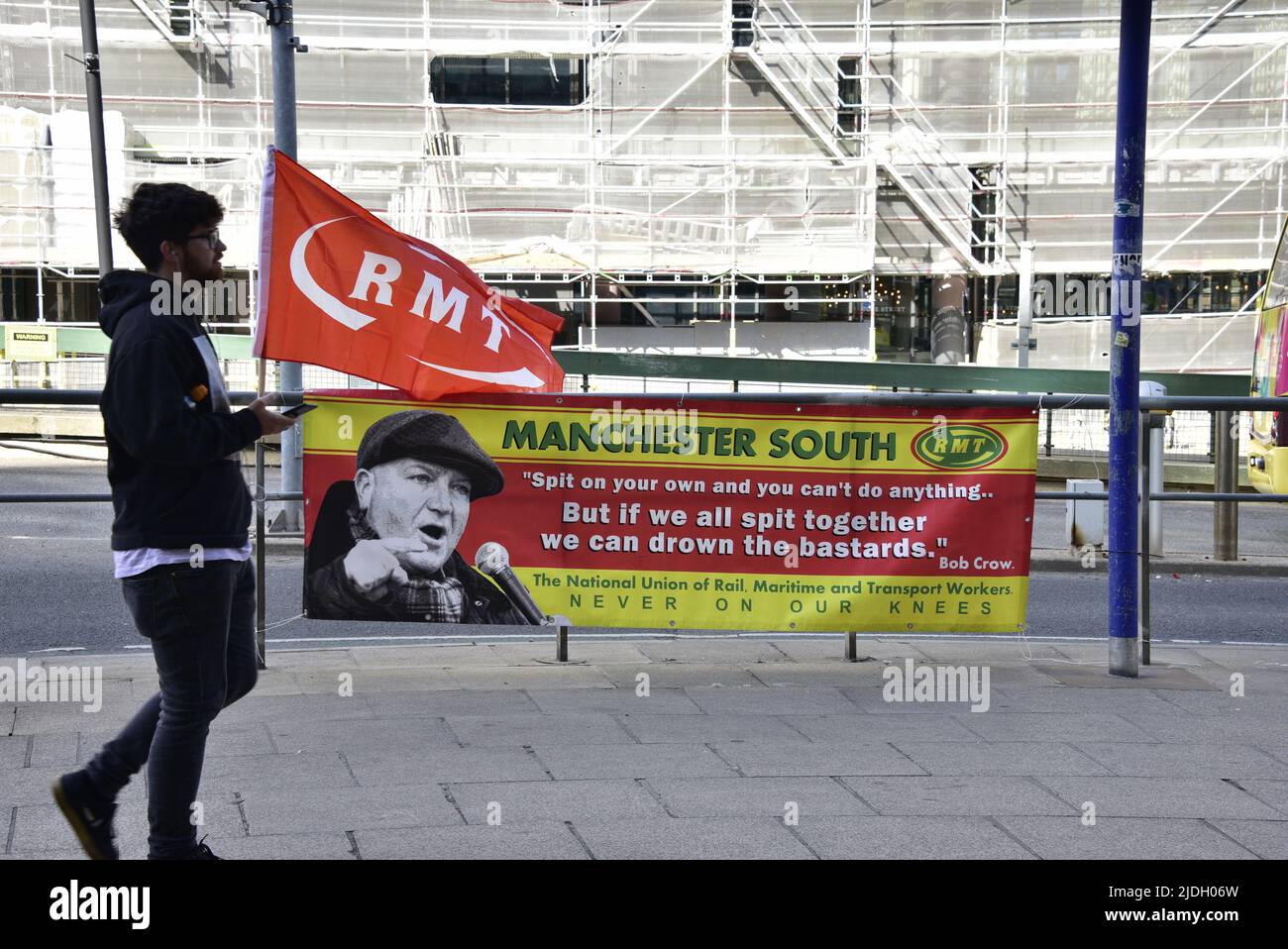 Manchester, UK, 21st June, 2022.  Strike banner outside Piccadilly Railway Station, Manchester, UK, as national rail strike starts. Credit: Terry Waller/Alamy Live News Stock Photo