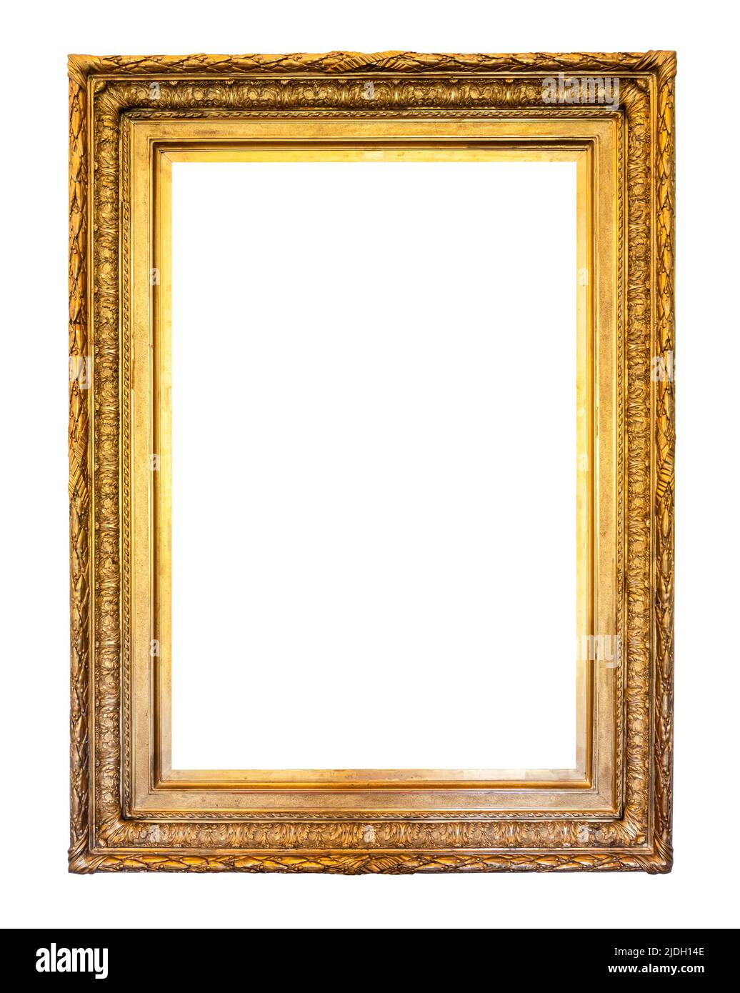 blank vertical wide carved old golden picture frame cut out on white
