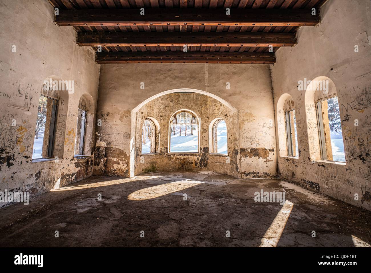 Interior view of ruined and abondened Catherine Palace in Kars, Turkey. High quality photo Stock Photo