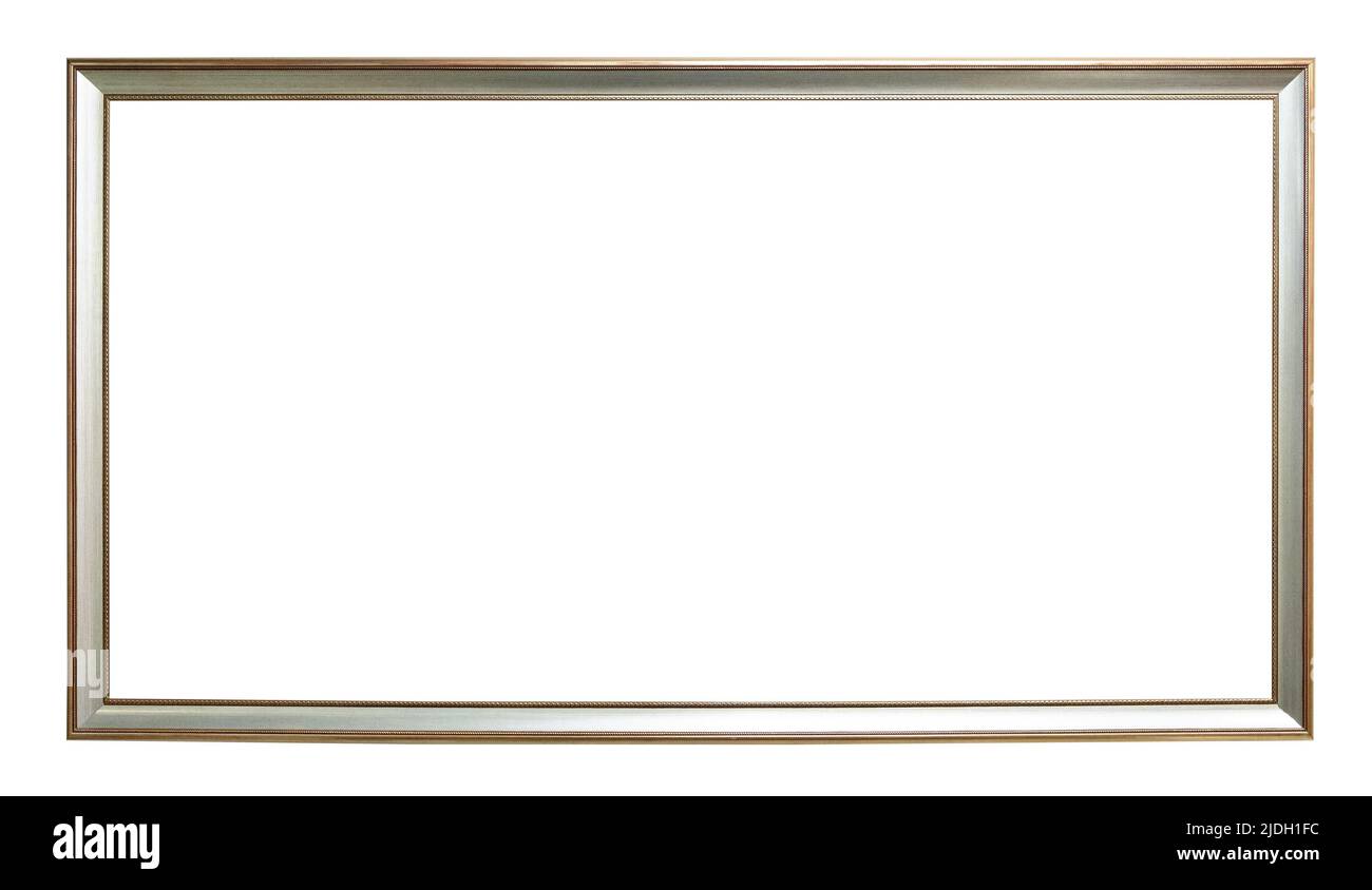 blank panoramic narrow silver wooden picture frame cutout on white background Stock Photo