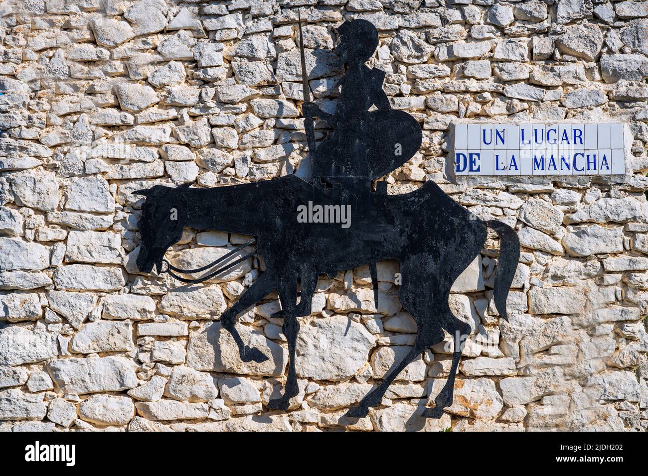 Silhouetted image of Don Quixote, Campo de Criptana, Castilla-La Mancha, Spain Stock Photo