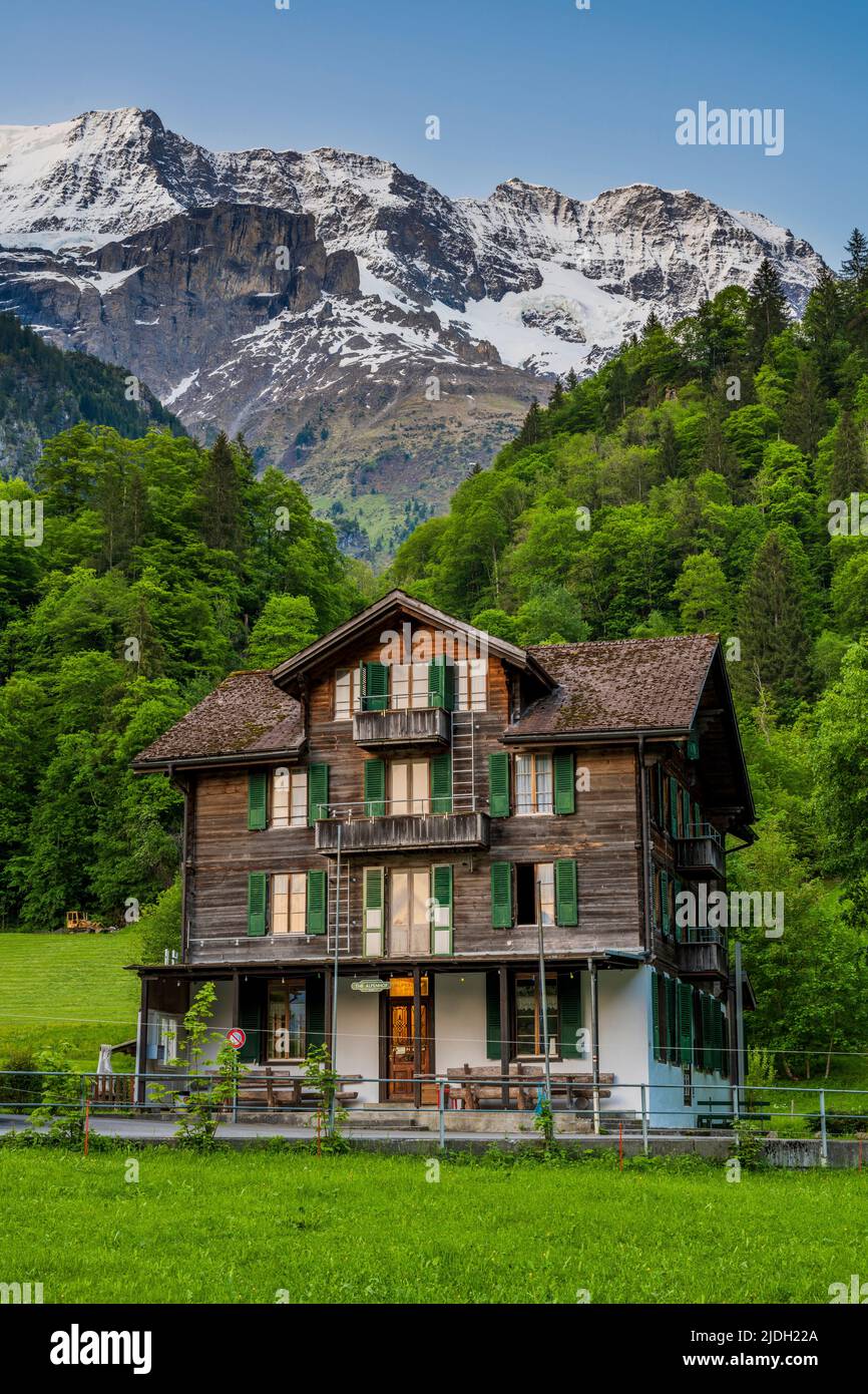 Typical Swiss wooden mountain house, Lauterbrunnen, Canton of Bern, Switzerland Stock Photo