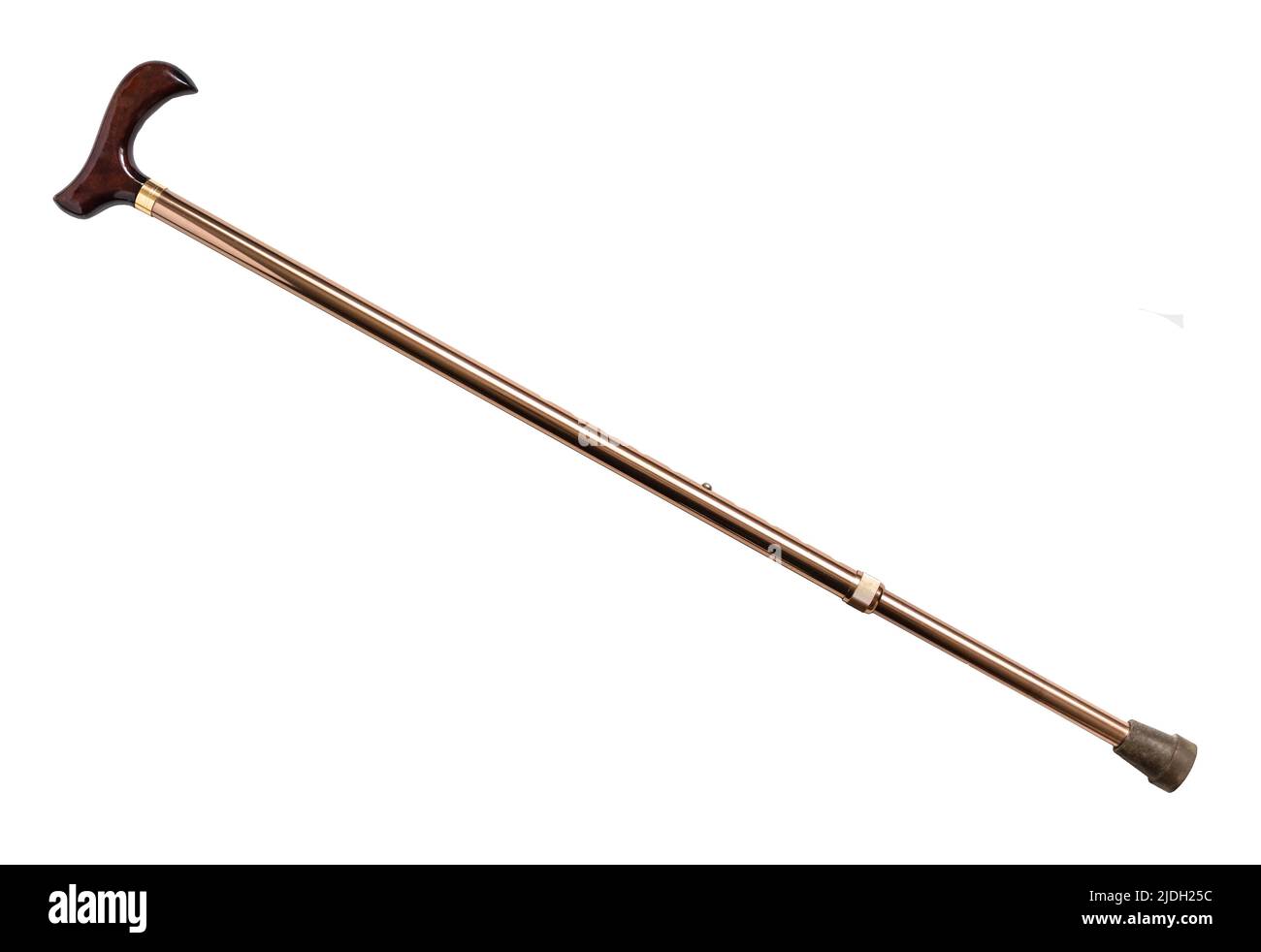 adjustable copper walking stick with wooden derby handle cutout on white background Stock Photo