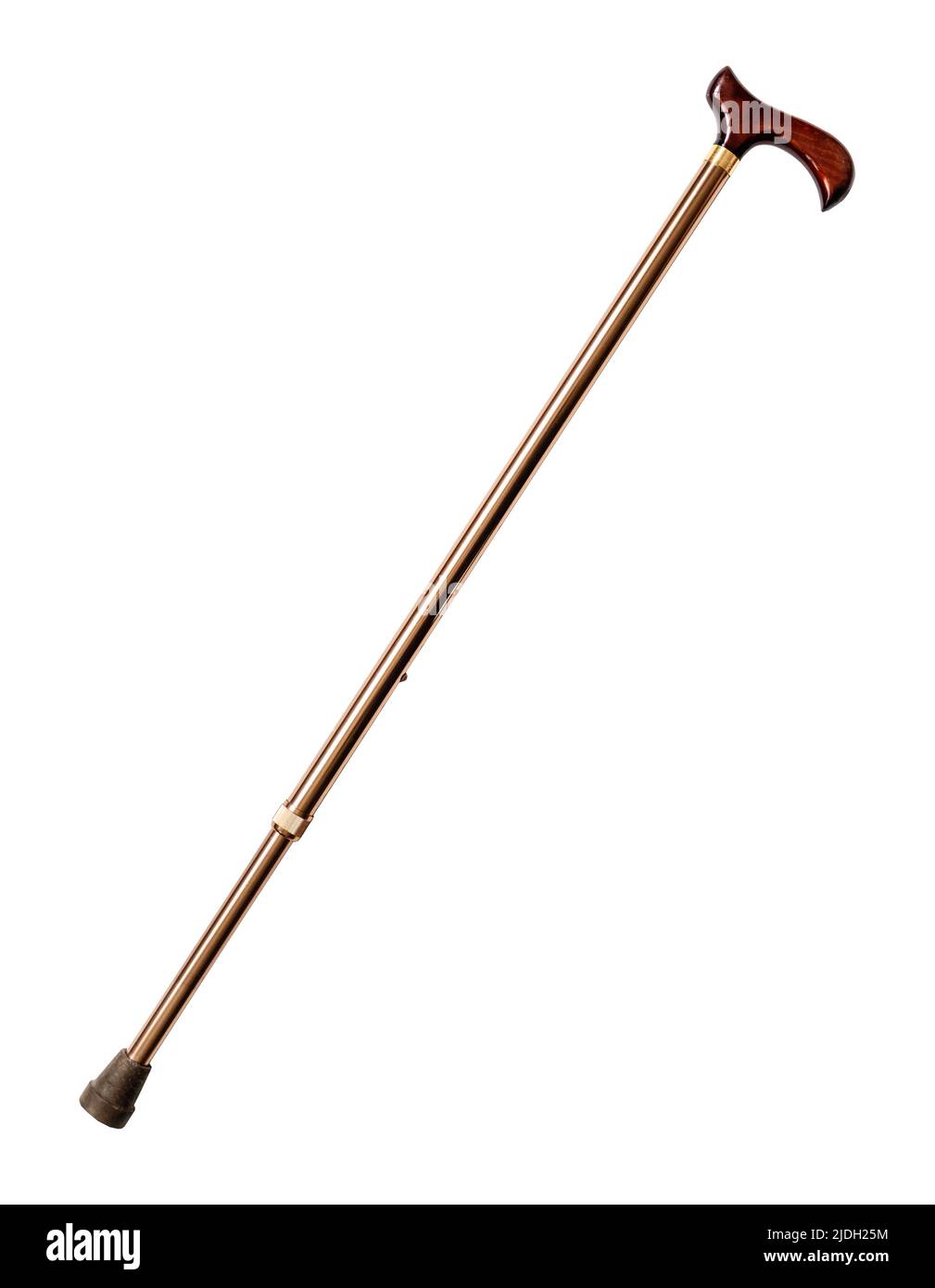 extendable brass walking cane with wooden derby handle cutout on white background Stock Photo
