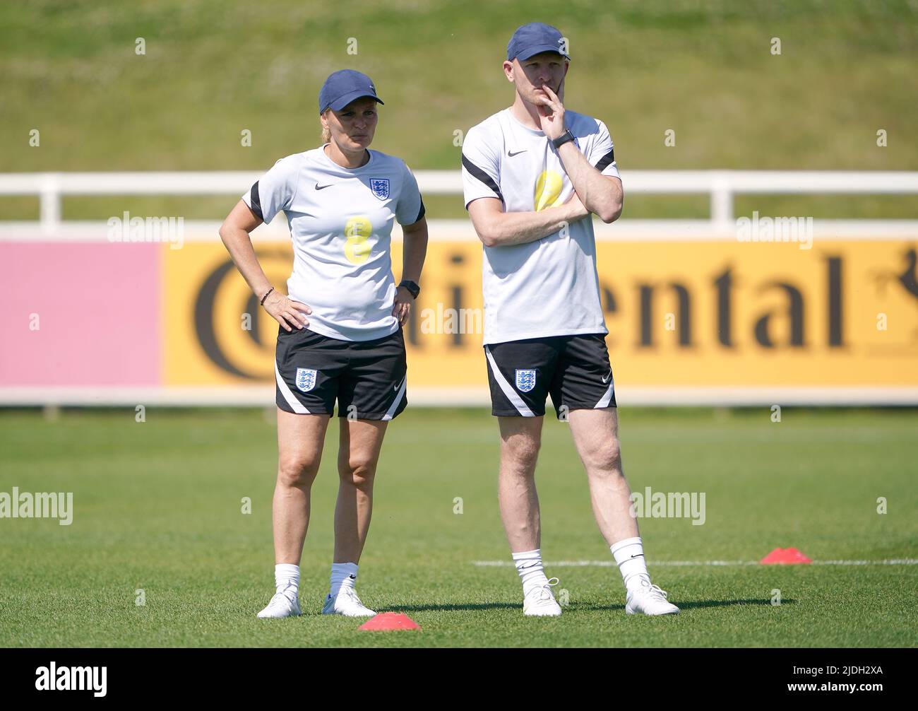 England manager Sarina Wiegman and assistant Arjan Veurink during a training session at St George's Park, Burton-upon-Trent. Picture date: Tuesday June 21, 2022. Stock Photo