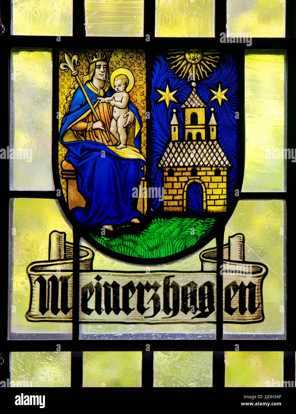 historical coat of arms glass pane of Meinerzhagen, Germany, North Rhine-Westphalia Stock Photo