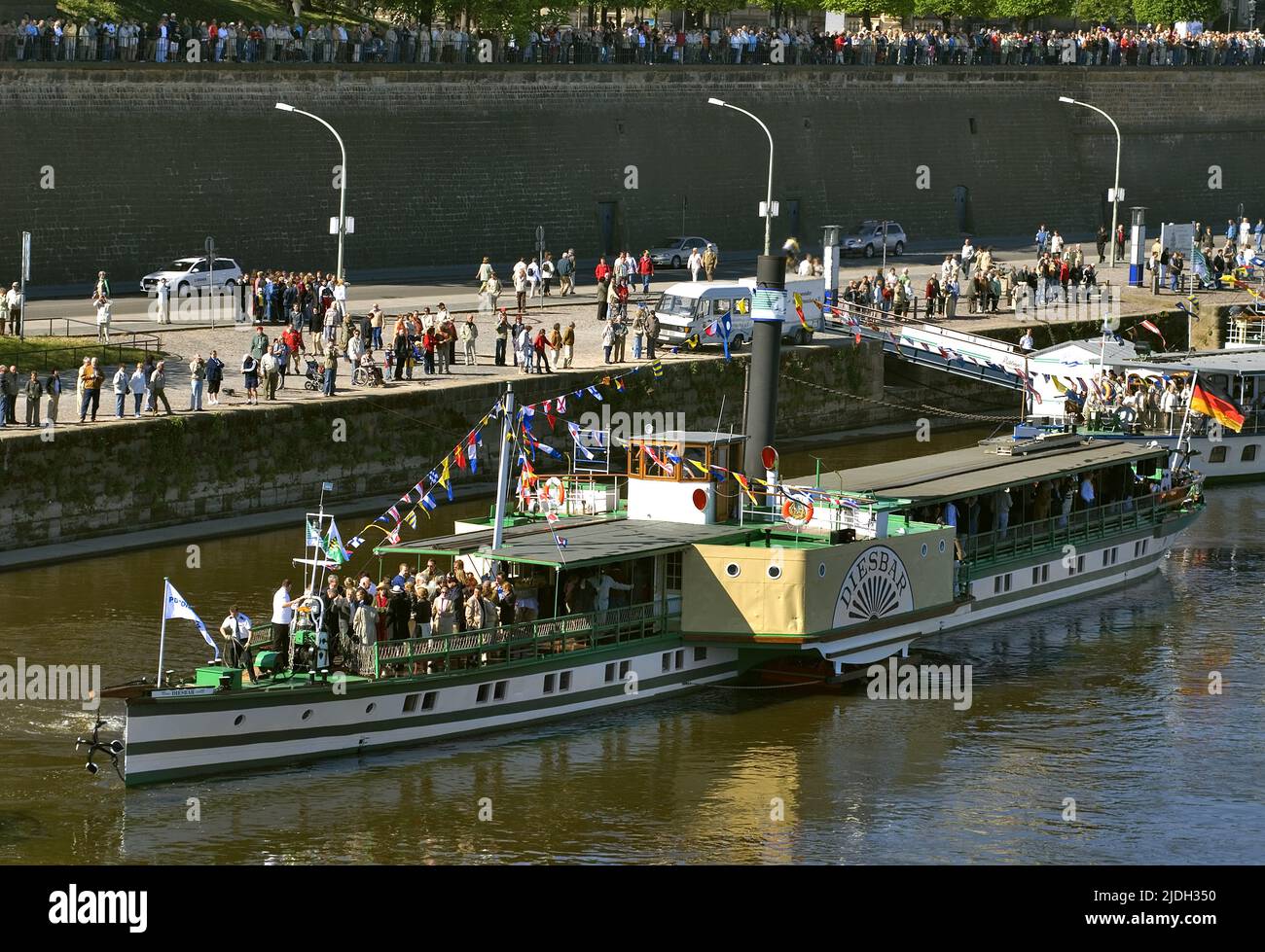 Steam ship during the famous annual steam ship parade on the Elbe River near the old town of Dresden, Germany, Saxony, Dresden Stock Photo