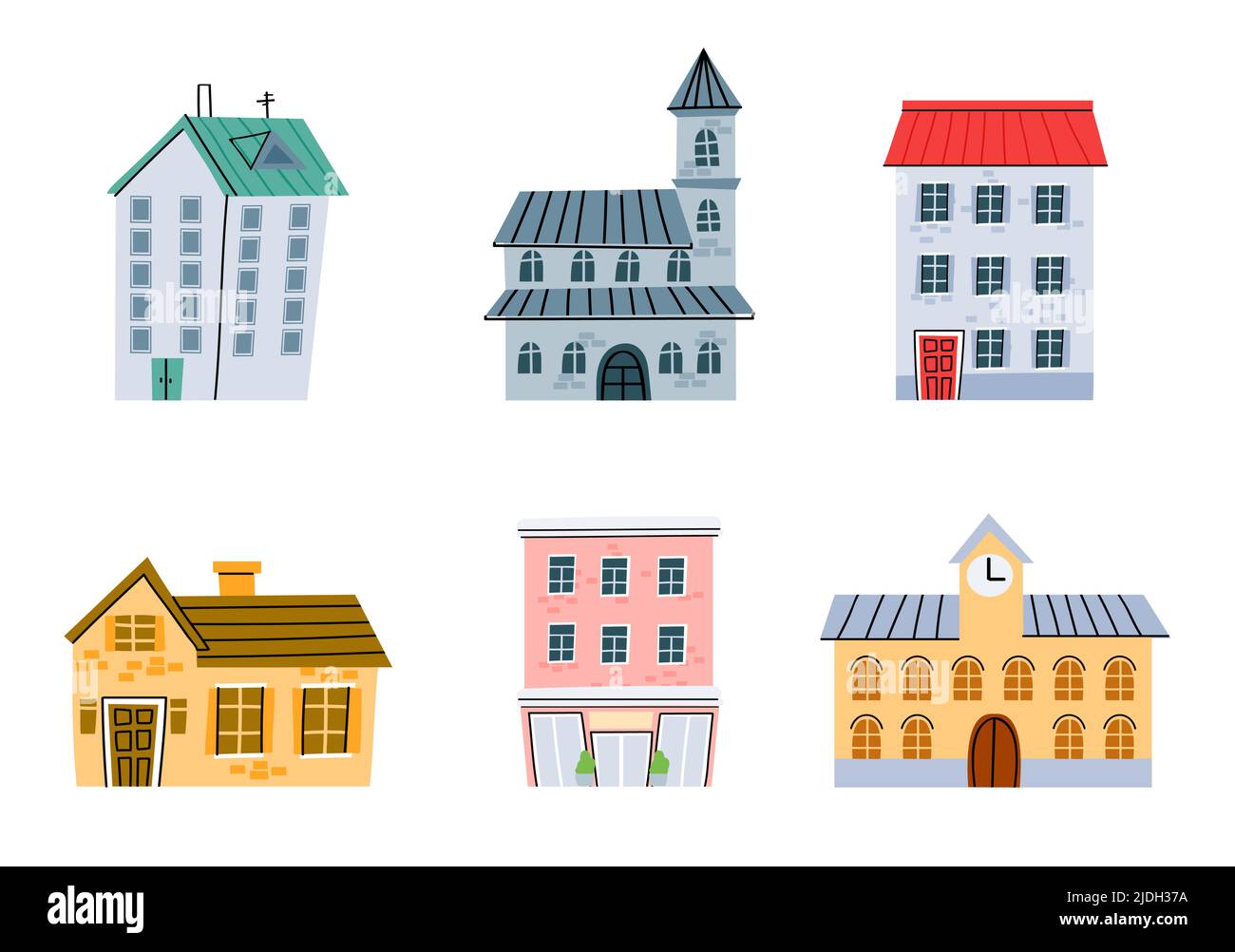 Cartoon town street buildings, original houses set Stock Vector