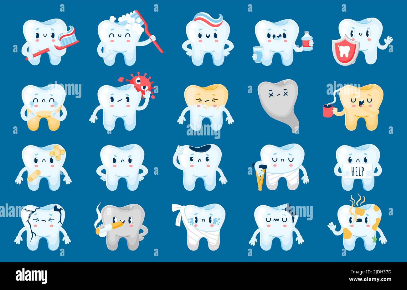 Good and bad tooth. Healthy cartoon characters and with dental problems, caries, infection and erosion. Vector unhappy teeth with sad faces, dental Stock Vector
