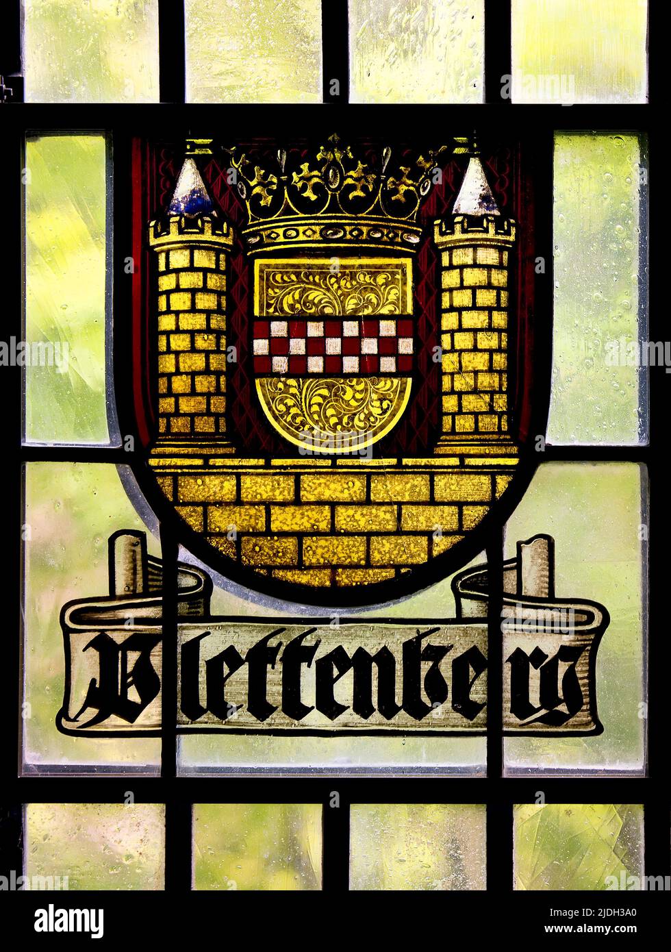 historical coat of arms glass pane of Plettenberg, Germany, North Rhine-Westphalia Stock Photo
