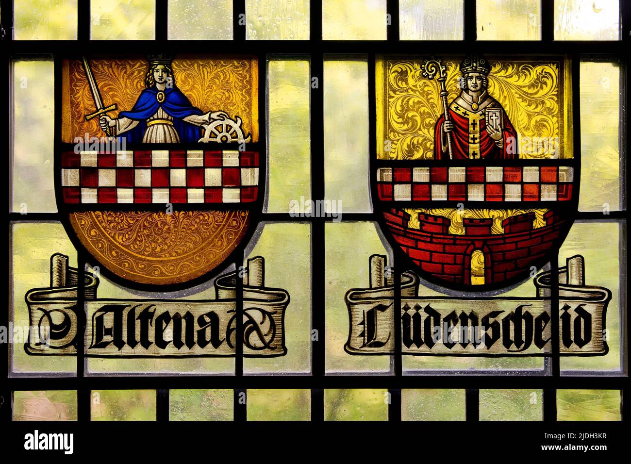 historical coat of arms glass panes of Altena and Luedenscheid, Germany, North Rhine-Westphalia Stock Photo