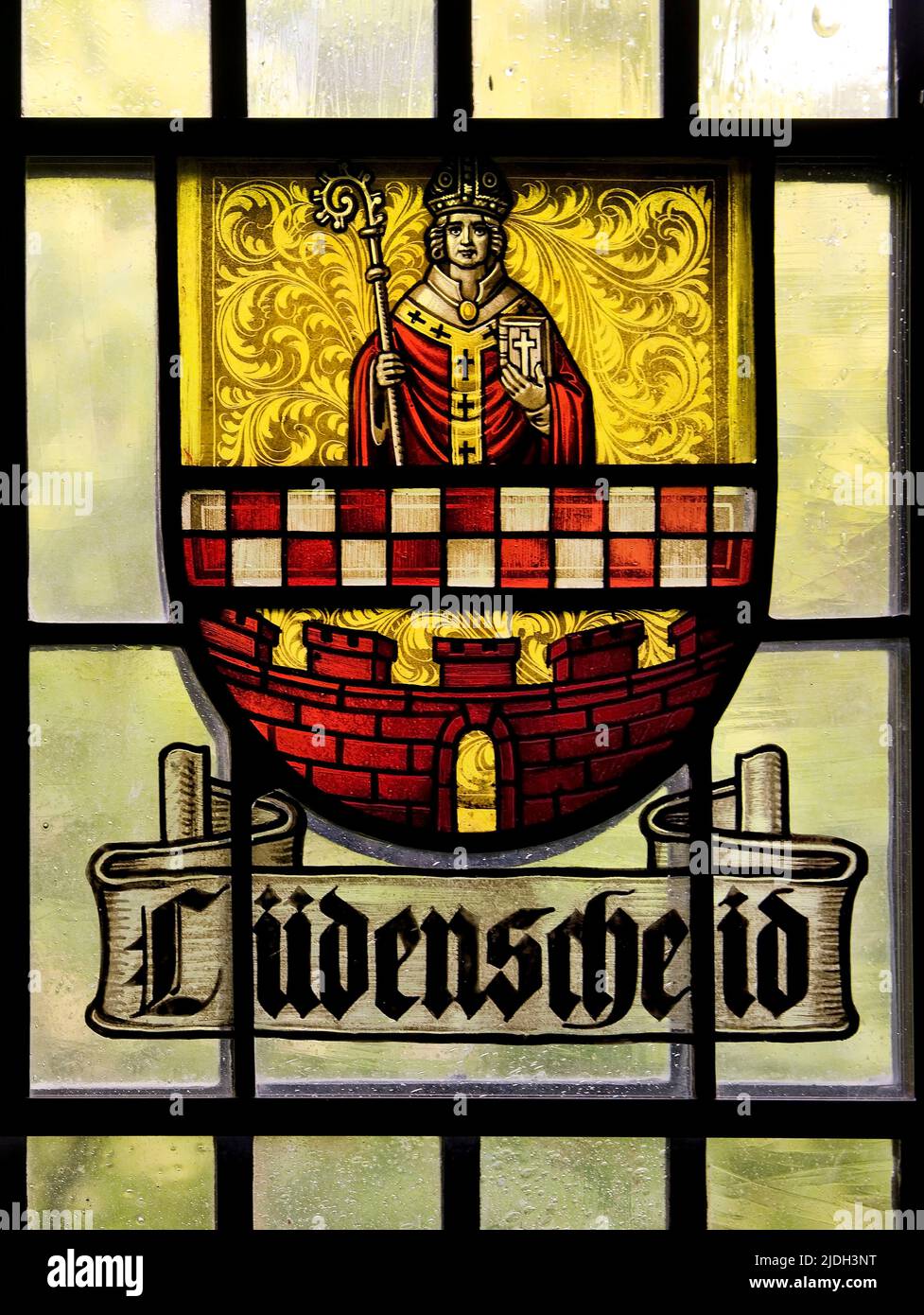 historical coat of arms glass pane of Luedenscheid, Germany, North Rhine-Westphalia Stock Photo