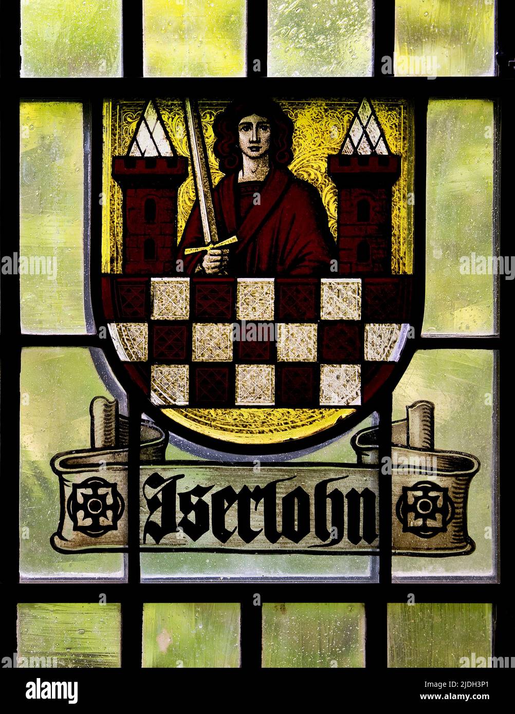 historical coat of arms glass pane of Iserlohn, Germany, North Rhine-Westphalia Stock Photo