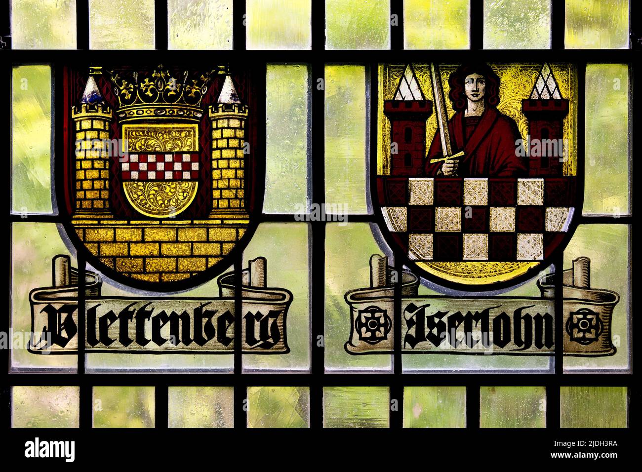 historic coat of arms glass panes of Plettenberg and Iserlohn, Germany, North Rhine-Westphalia Stock Photo