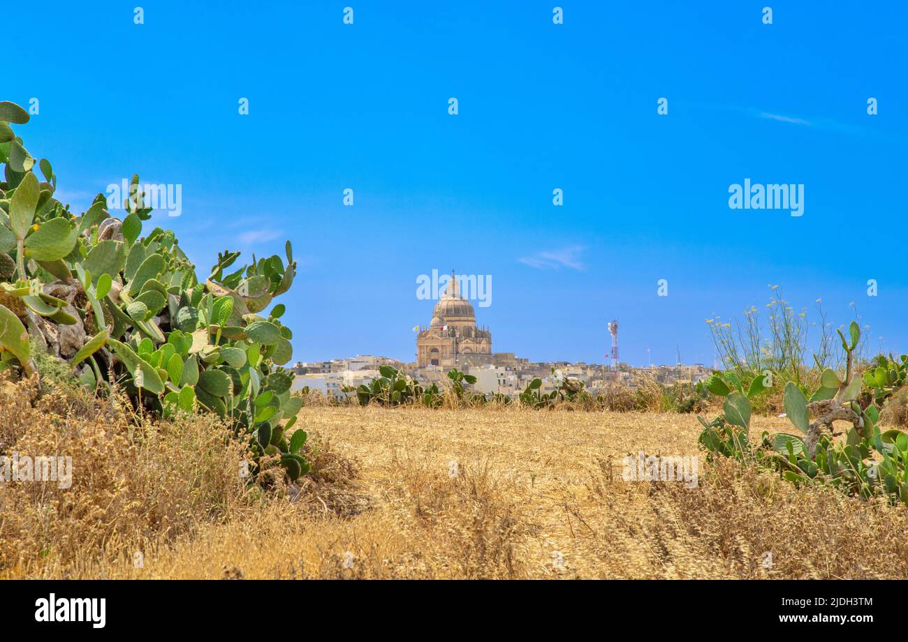 The Church of St John the Baptist, Xewkiija, Gozo, seen across farmers fields. Stock Photo