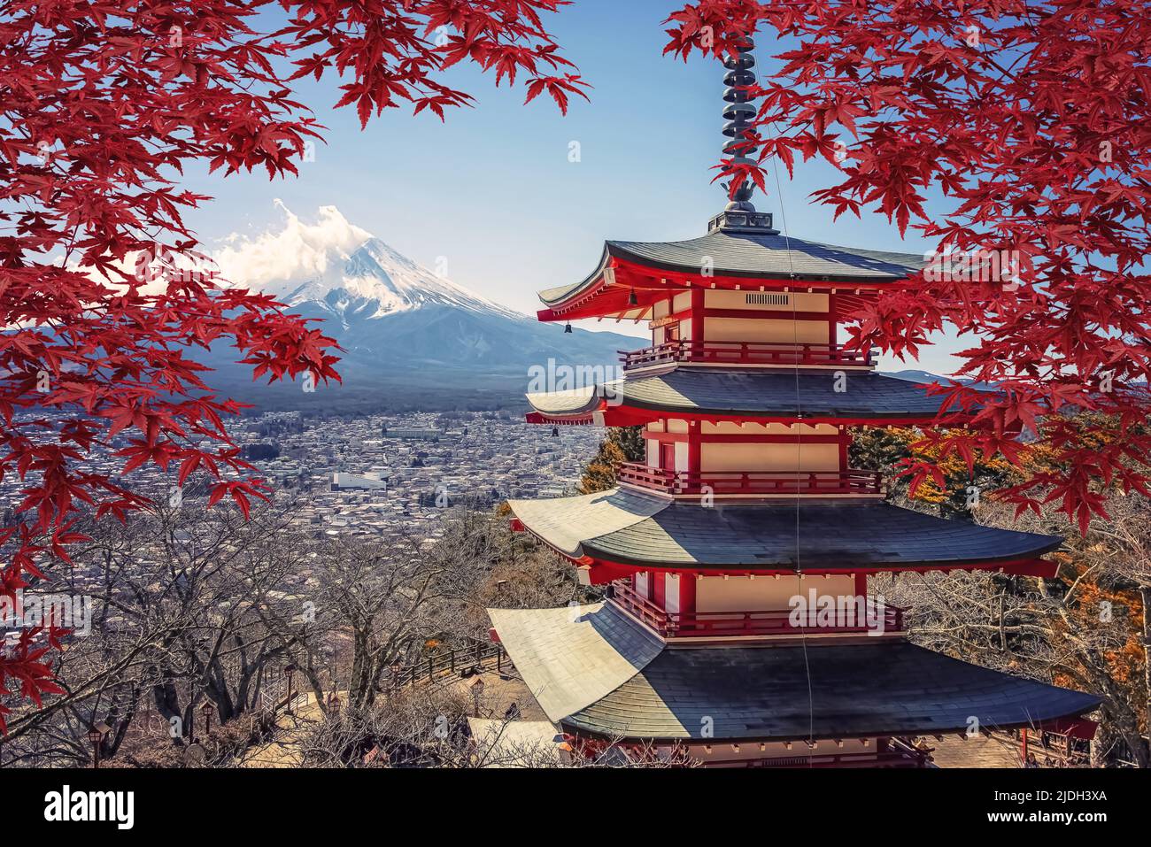 Famous Place of Japan with Chureito Pagoda and Mount Fuji in daytime Stock Photo