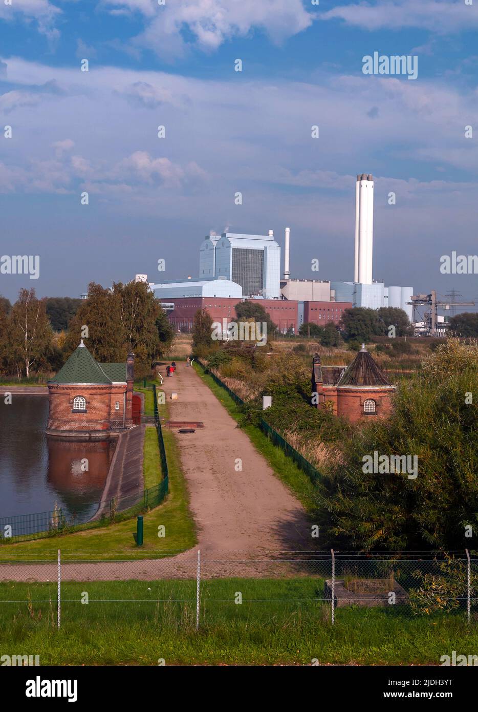 Island Kaltehofe in front and Tiefstack power station in the background, Germany, Hamburg Stock Photo