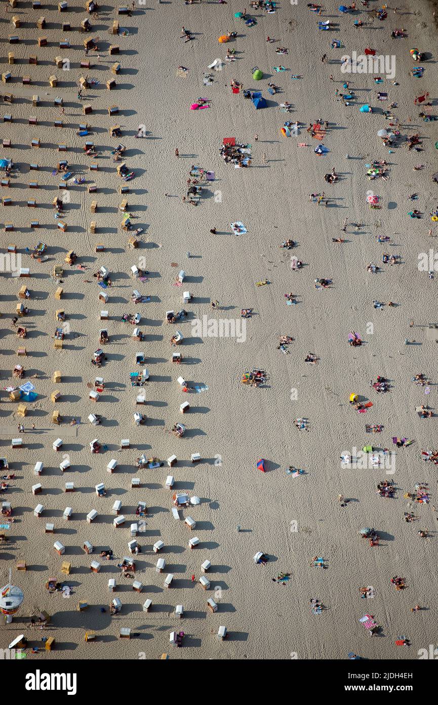 Sandy beach with beach chairs and lots of people, aerial view 08/31/2019, Germany, Schleswig-Holstein Stock Photo