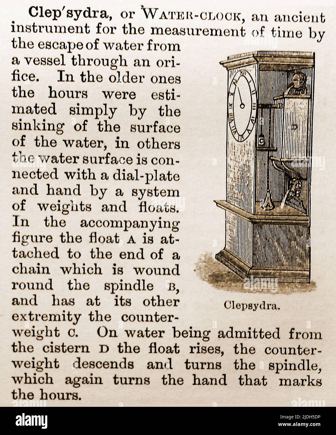 A 19th century  illustration showing & describing a Clepsydra or water clock and how it works Stock Photo
