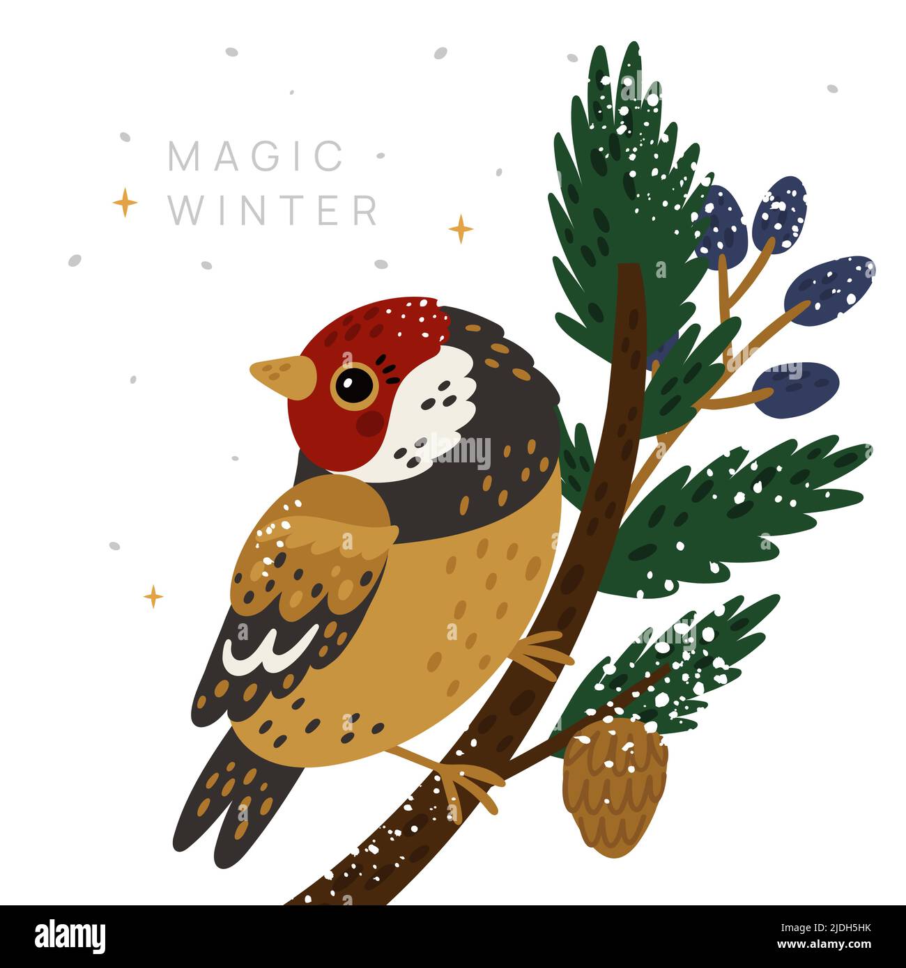 Magic winter card with goldfinch sitting on tree branch Stock Vector