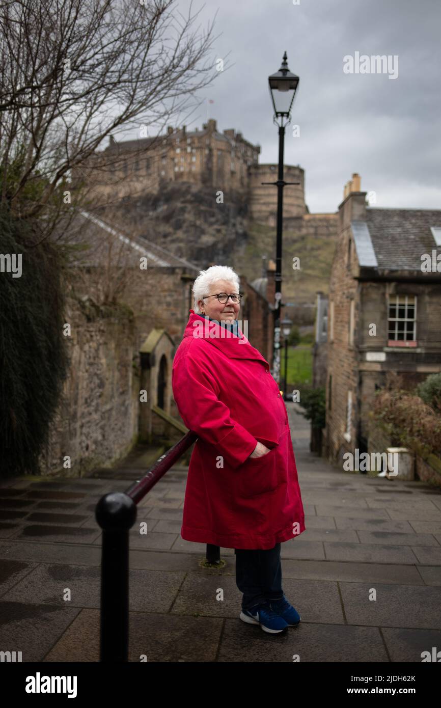 Val McDermid, crime writer, photographed with a backdrop of Edinburgh Castle, in Edinburgh, Scotland, 3 March 2022. Stock Photo