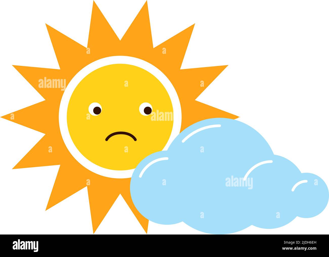 Sun hiding behind cloud. Sad emoticon. Upset emoji character Stock