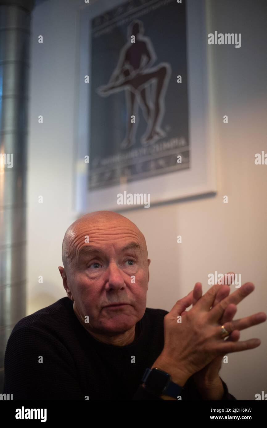 Irvine Welsh, author, in the Little White Pig pub, owned by his girlfriend, in Edinburgh, Scotland, 2 March 2022. Stock Photo
