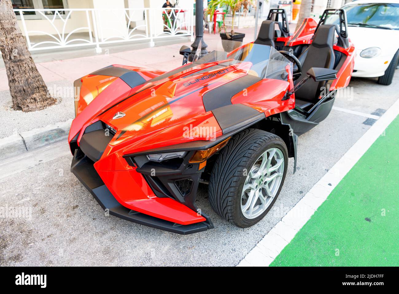 Miami Beach, Florida USA April 15, 2021 red polaris slingshot sl, corner view high angle