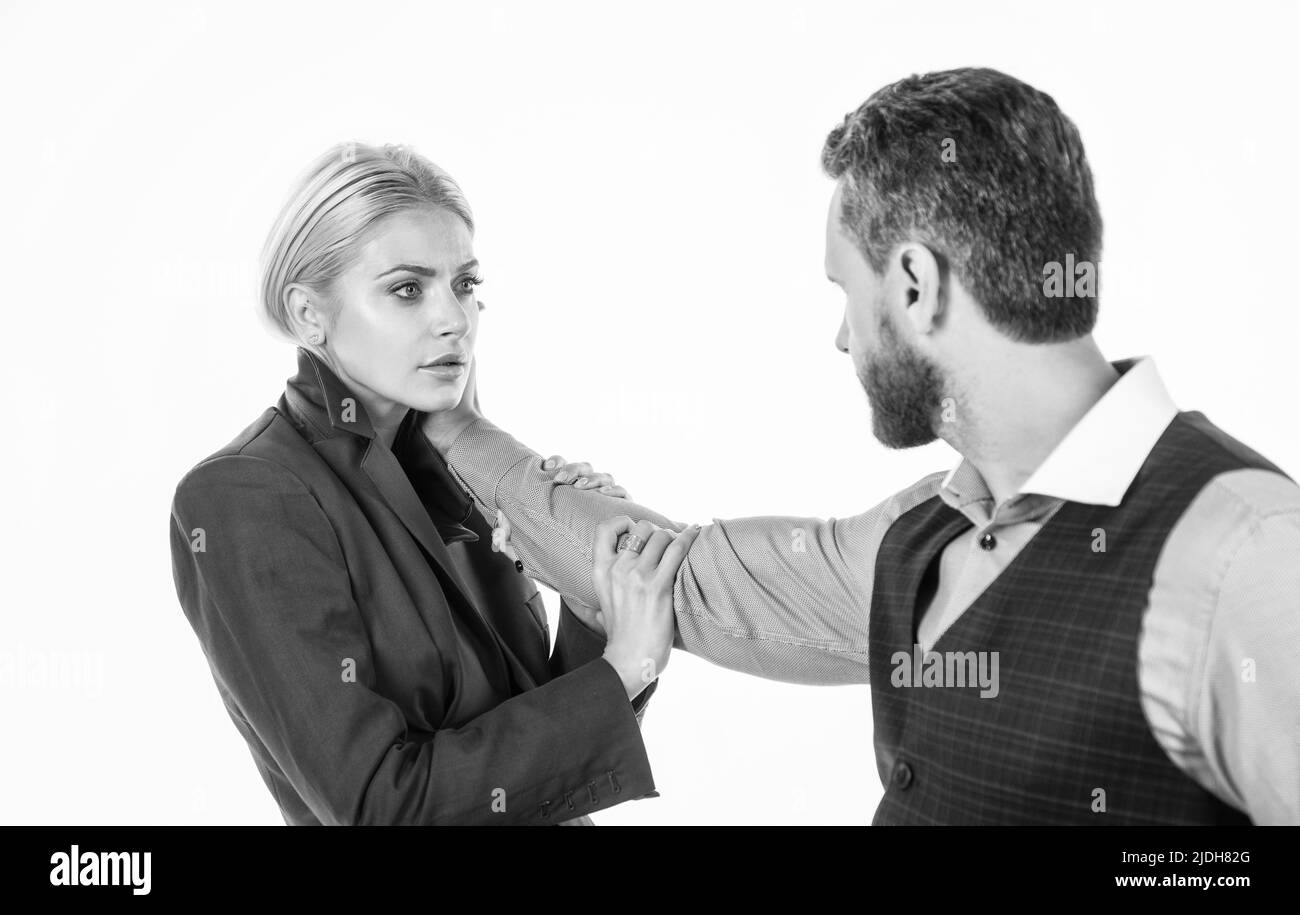 man use physical abuse to woman. family couple has problems in relationship. domestic violence as gender-based form of extreme human rights abuse Stock Photo
