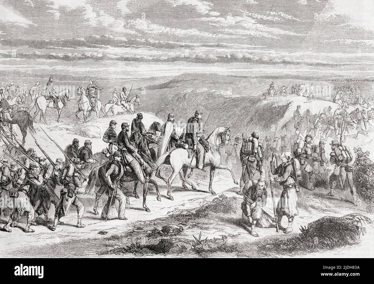 March of the expeditionary column from western Algeria under the command of General Edmond-Charles de Martimprey, 1859.  From L'Univers Illustre, published Paris, 1859 Stock Photo