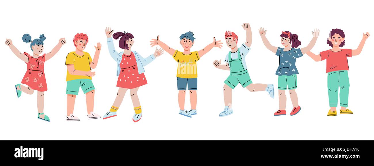 Happy kids boys and girls group, flat cartoon vector illustration ...