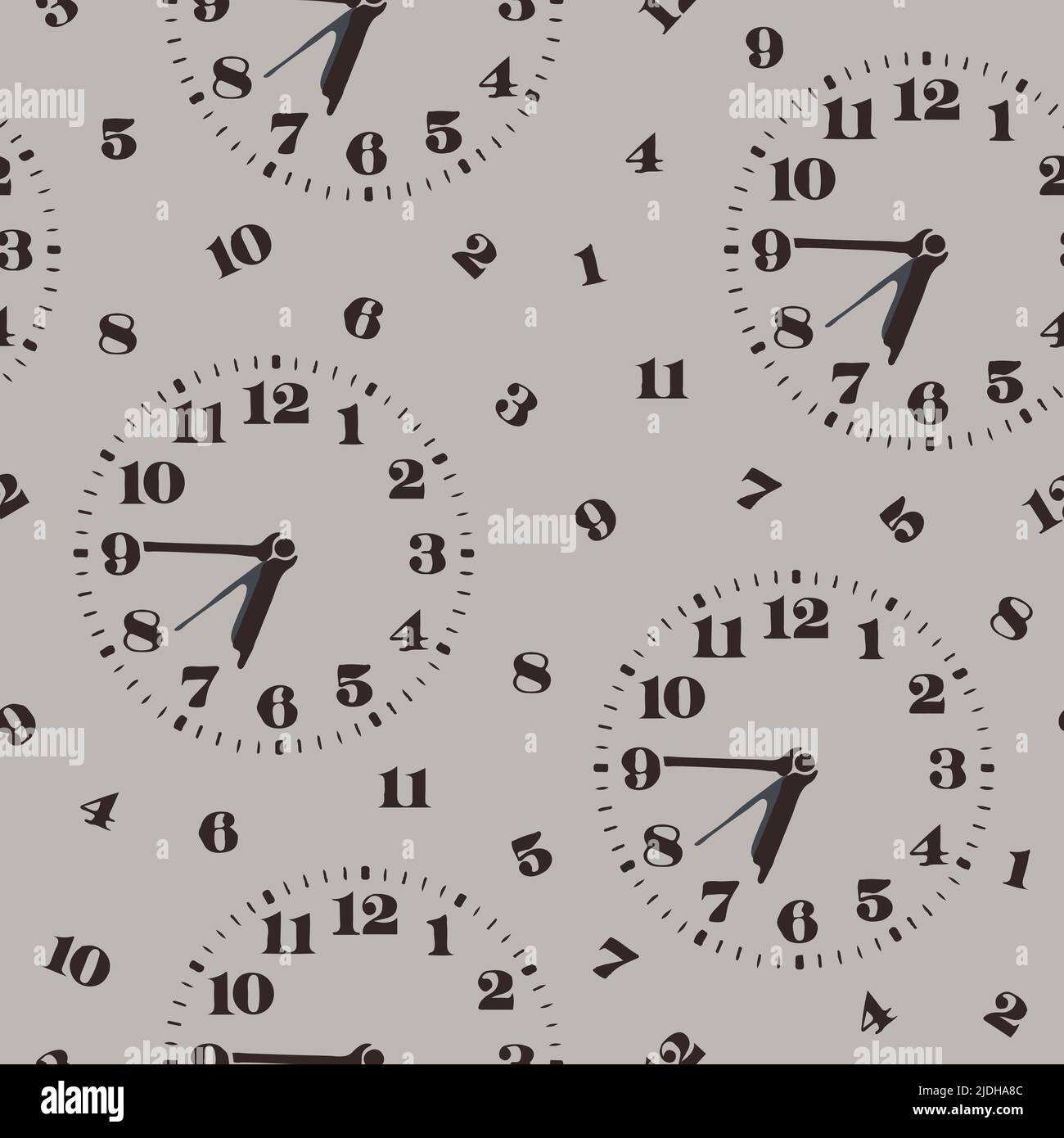 Seamless vector pattern with clocks and numbers on grey background. Simple abstract wallpaper
