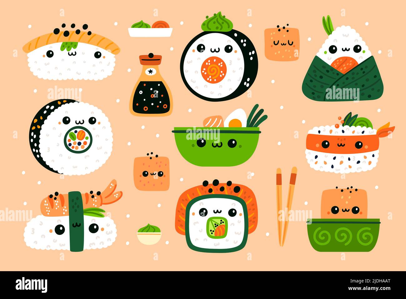 Funny Japanese food. Cute sushi characters. Kawaii rolls and salads