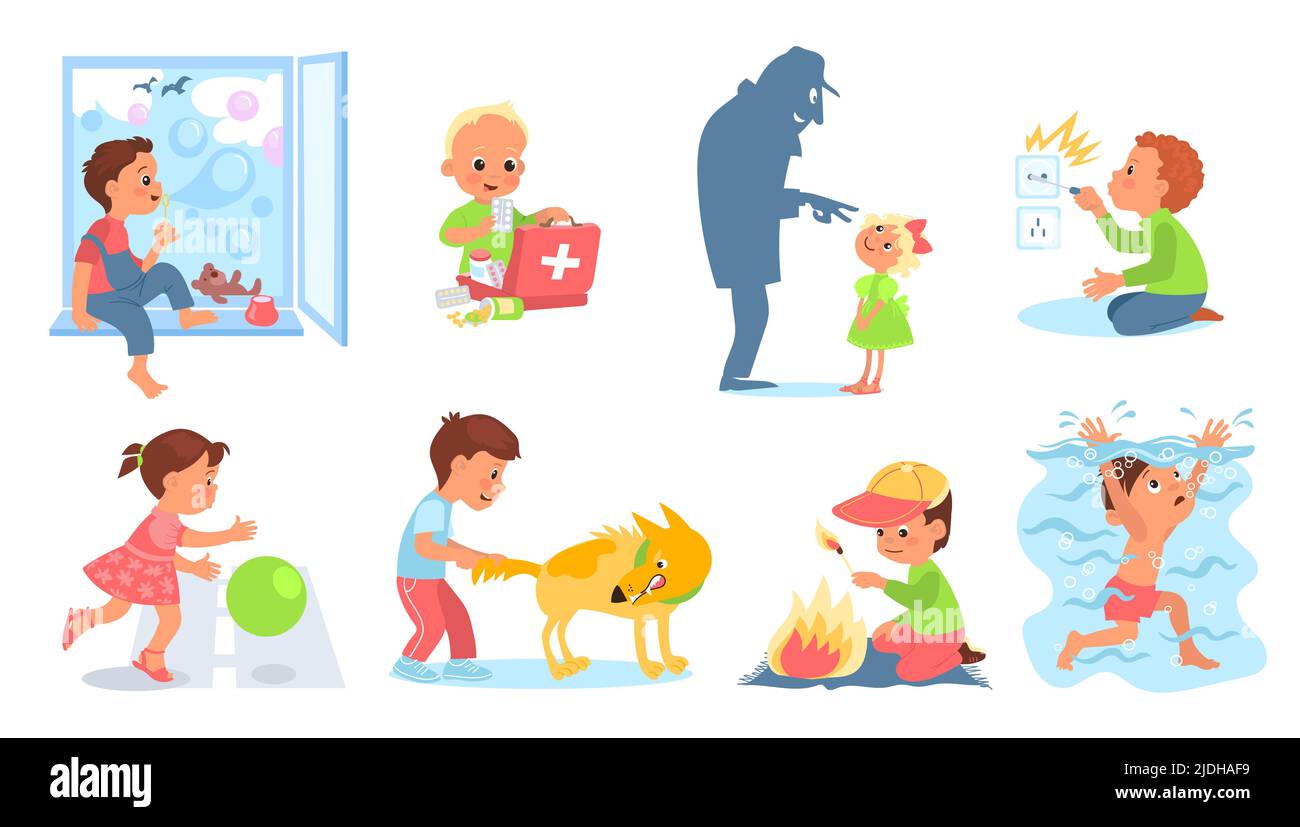 Kids in dangerous situation. Children play with sharp, hot and poisoned