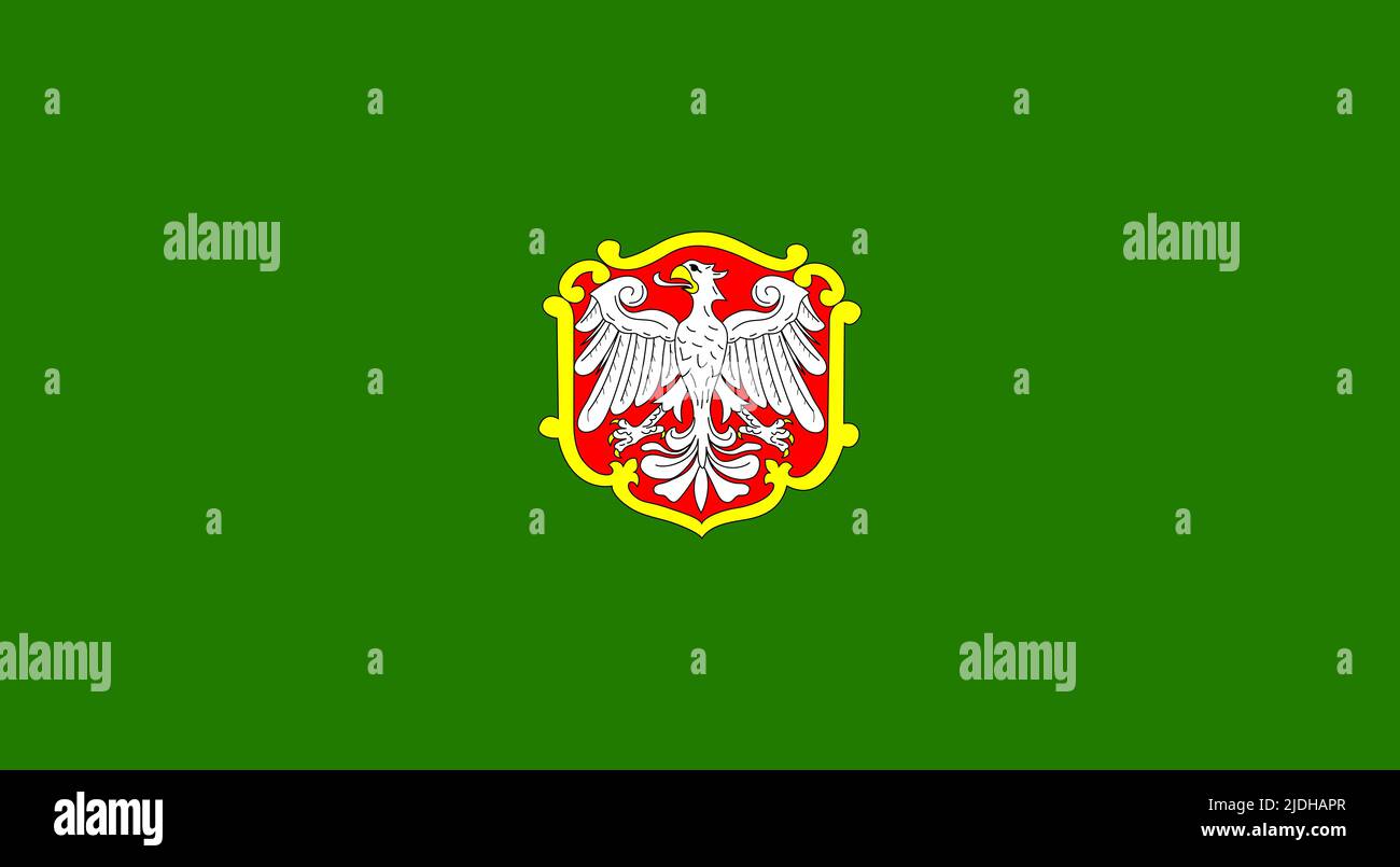 Top view of flag Kozmin Wielkopolski, Poland. Polish city. travel and patriot concept. no flagpole. Plane layout, design. Flag background Stock Photo