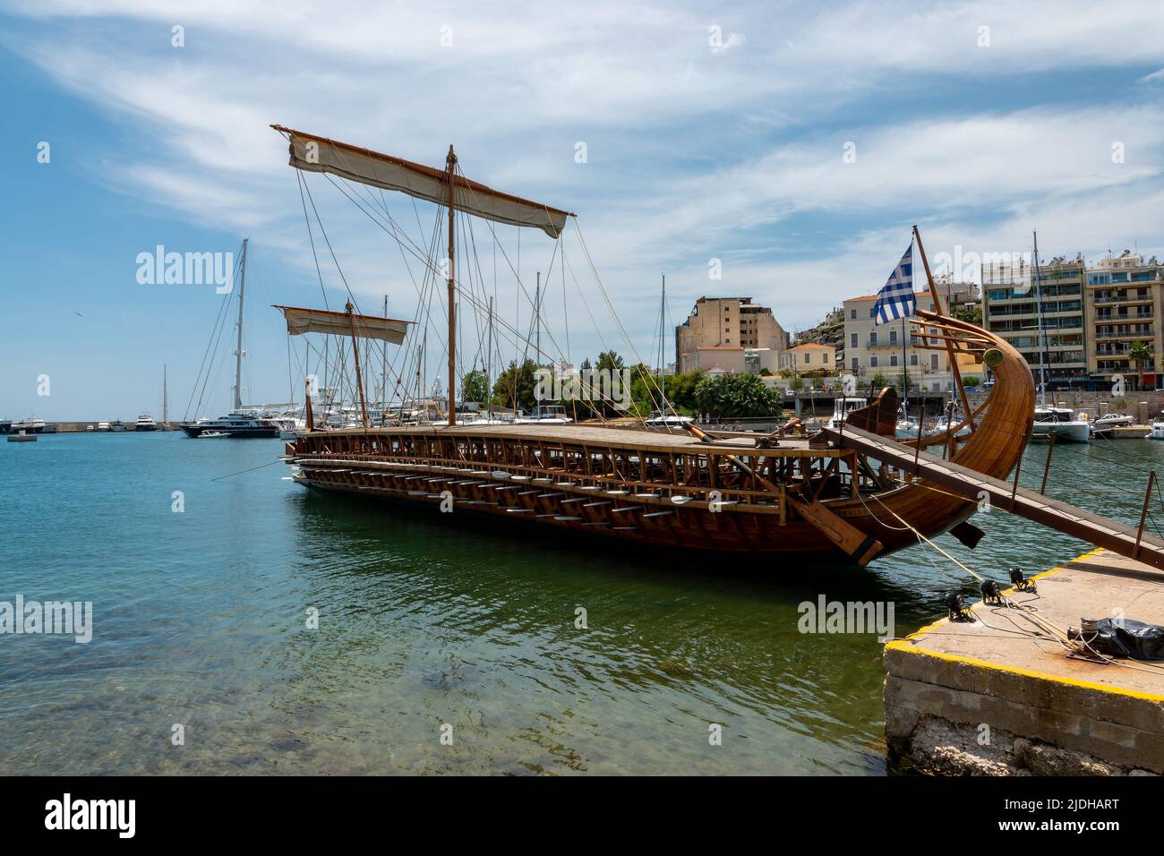 Olympias is a reconstruction of an ancient Athenian trireme and an important example of experimental archaeology. It is also a commissioned ship in th Stock Photo