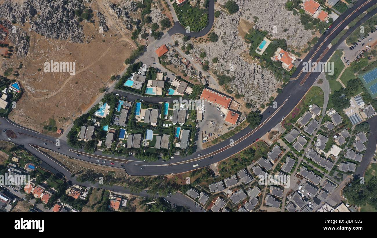 Aerial view of resort village with mountainous roads and semi-desert vegetation, countryside, Mount Lebanon - Faraya, Middle East Stock Photo