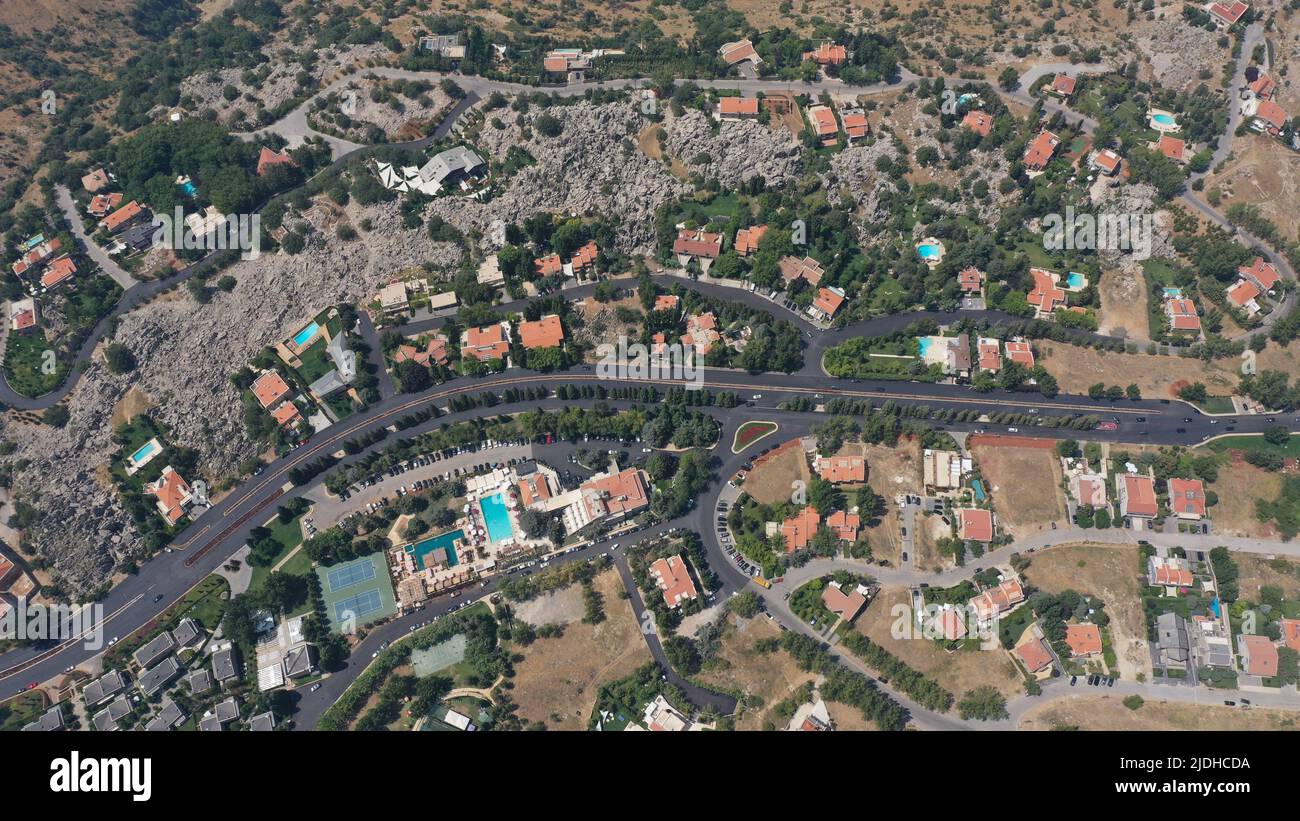 Aerial view of resort village with mountainous roads and semi-desert vegetation, countryside, Mount Lebanon - Faraya, Middle East Stock Photo