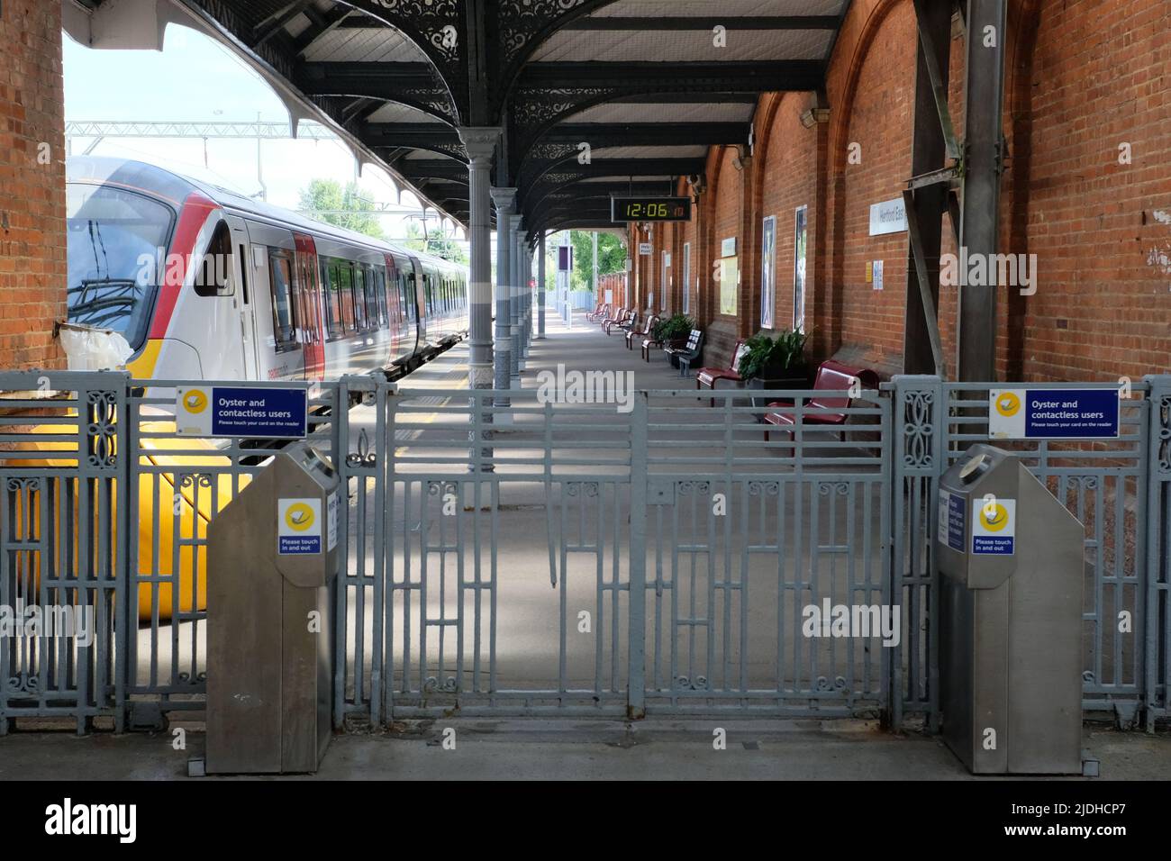 Hertford UK. 21st June 2022. Empty station at Hertford East railway