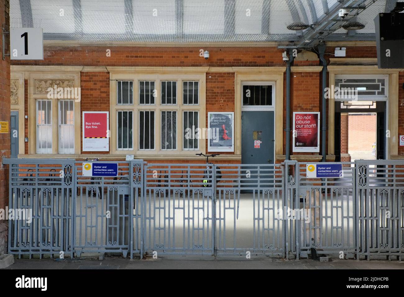Hertford UK. 21st June 2022. Empty station at Hertford East railway