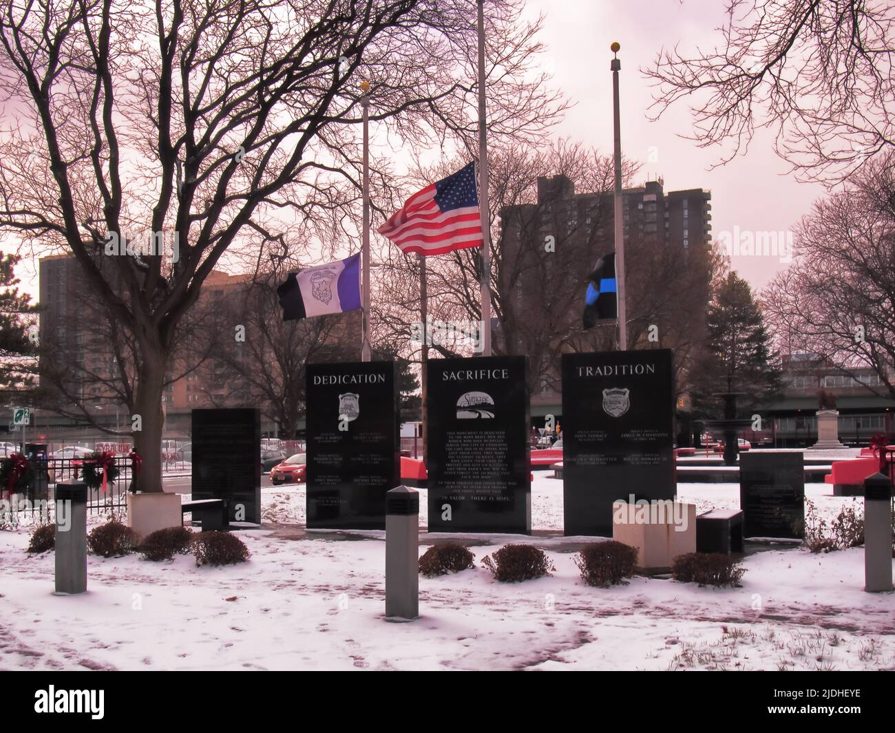 Fallen Police Memorial in Forman Park in downtown Syracuse, New York, in the wintertime Stock Photo